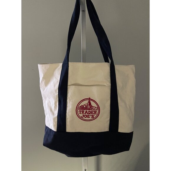 Trader Joes Canvas Tote Bag With Logo Navy & Beige 18"x14" - Picture 2 of 6